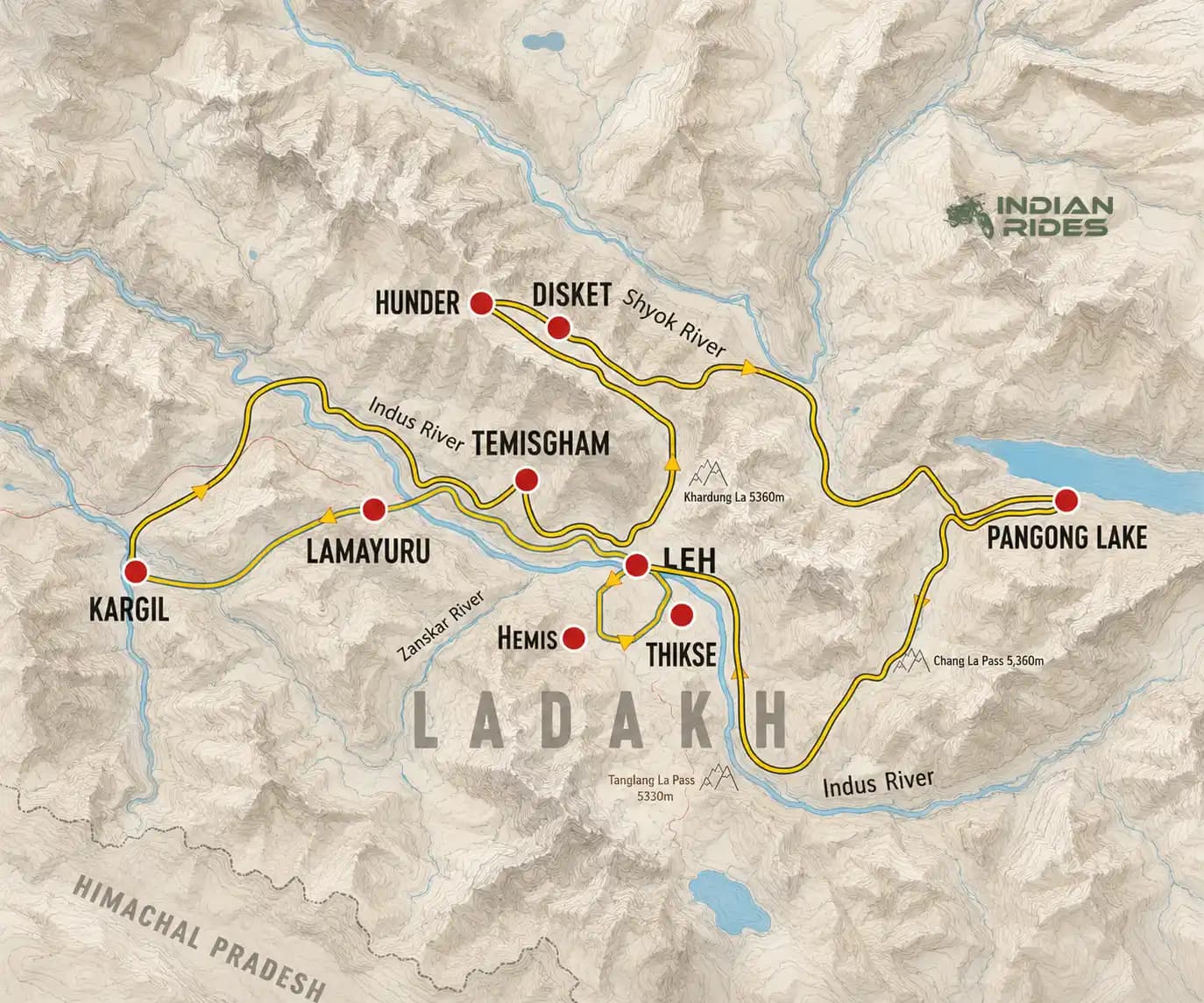 Ladakh Motorradtour – Conquer Himalaya | Indian Rides Karte von Ladakh mit der Conquer-Himalaya-Motorradroute von Kargil über Leh, Khardung La und Chang La bis zum Pangong Lake.