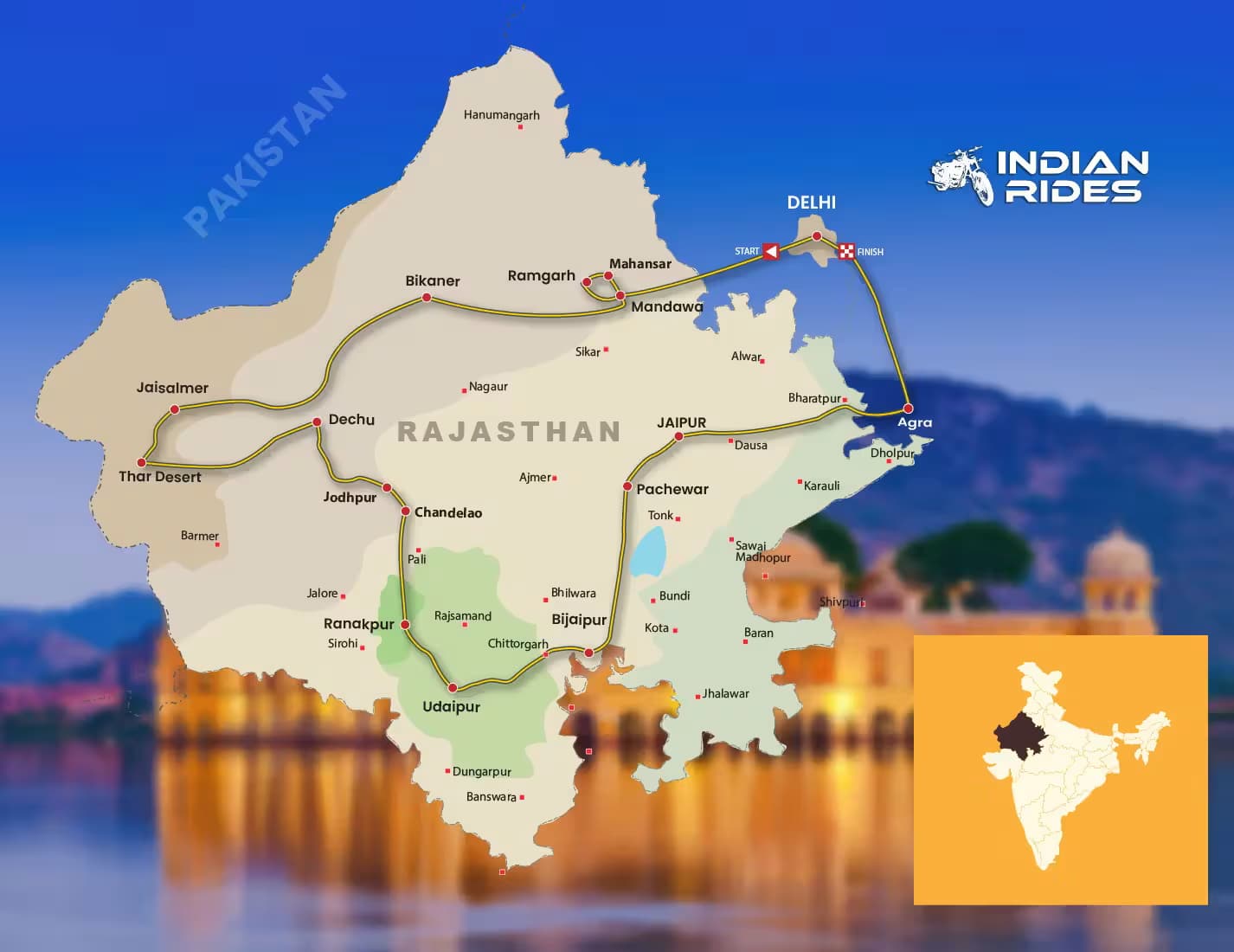 Motorradtour durch Rajasthan – Route mit Indian Rides Route einer geführten Motorradtour durch Rajasthan mit Indian Rides